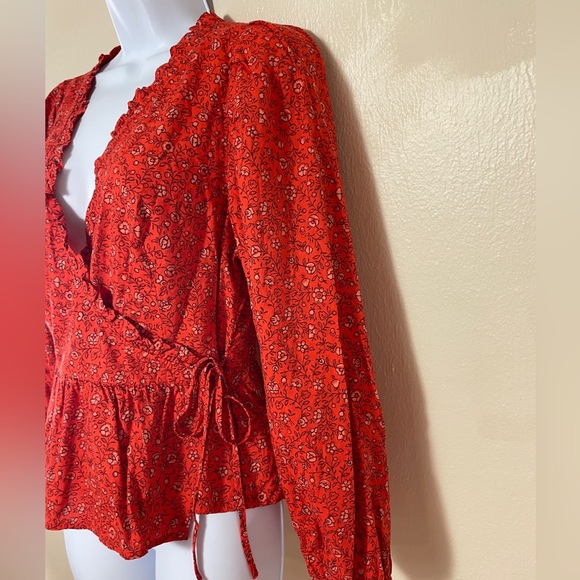 Country Cowgirl Fall Cottagecore Western Women Red Floral Wrap Ruffle Balloon S - Picture 7 of 16